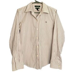 Lauren Ralph Lauren pink black pinstriped logo button down top 100% cotton Sz M